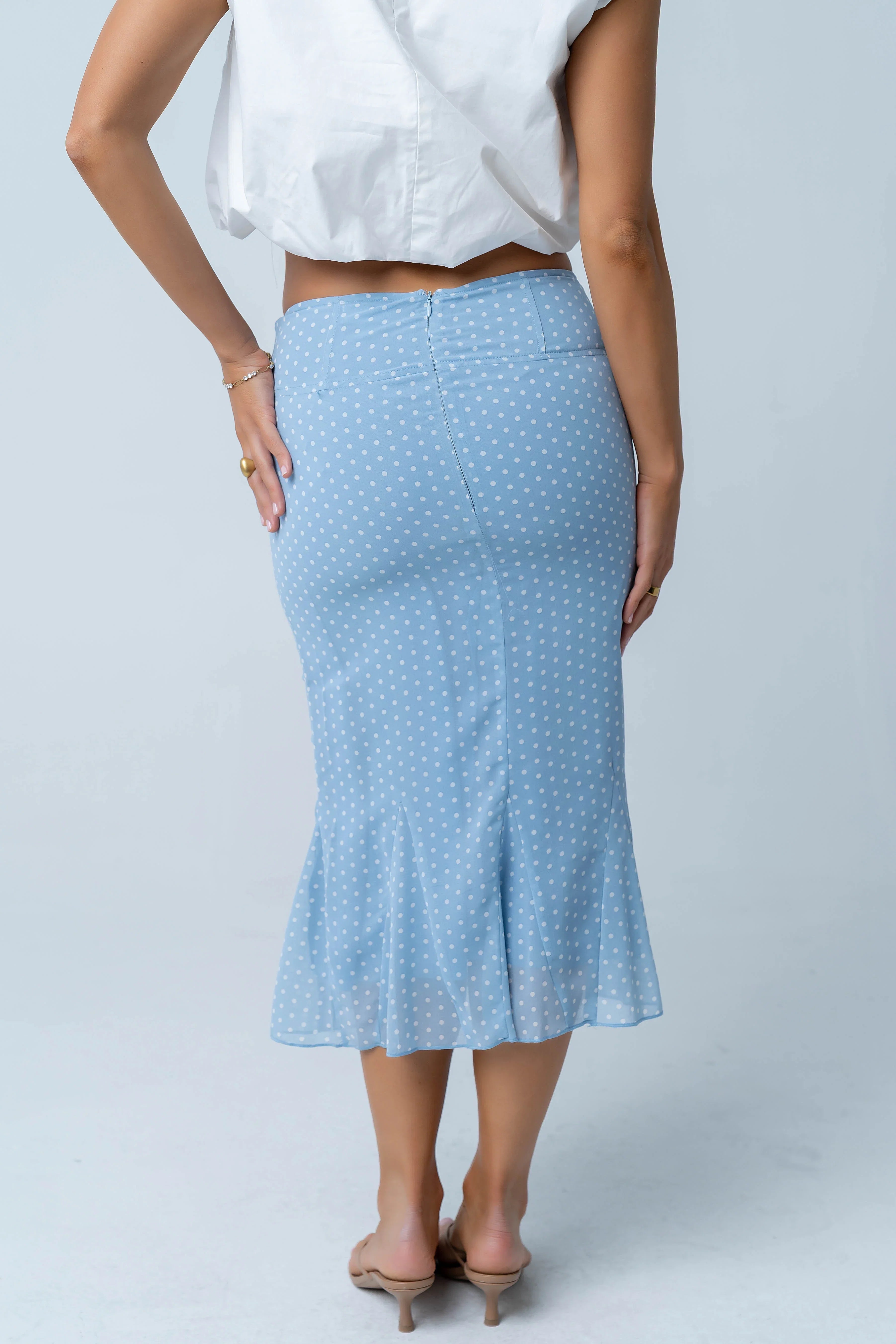 Gigi Polka Dot Midi Skirt in Blue