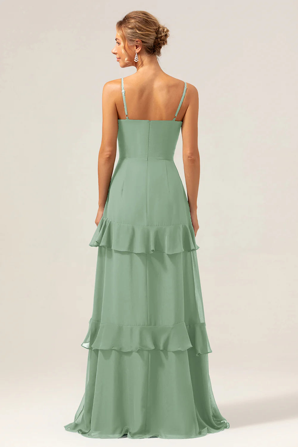Dark Green A Line Spaghetti Straps Ruffled Chiffon Floor Length Bridesmaid Dress with Slit