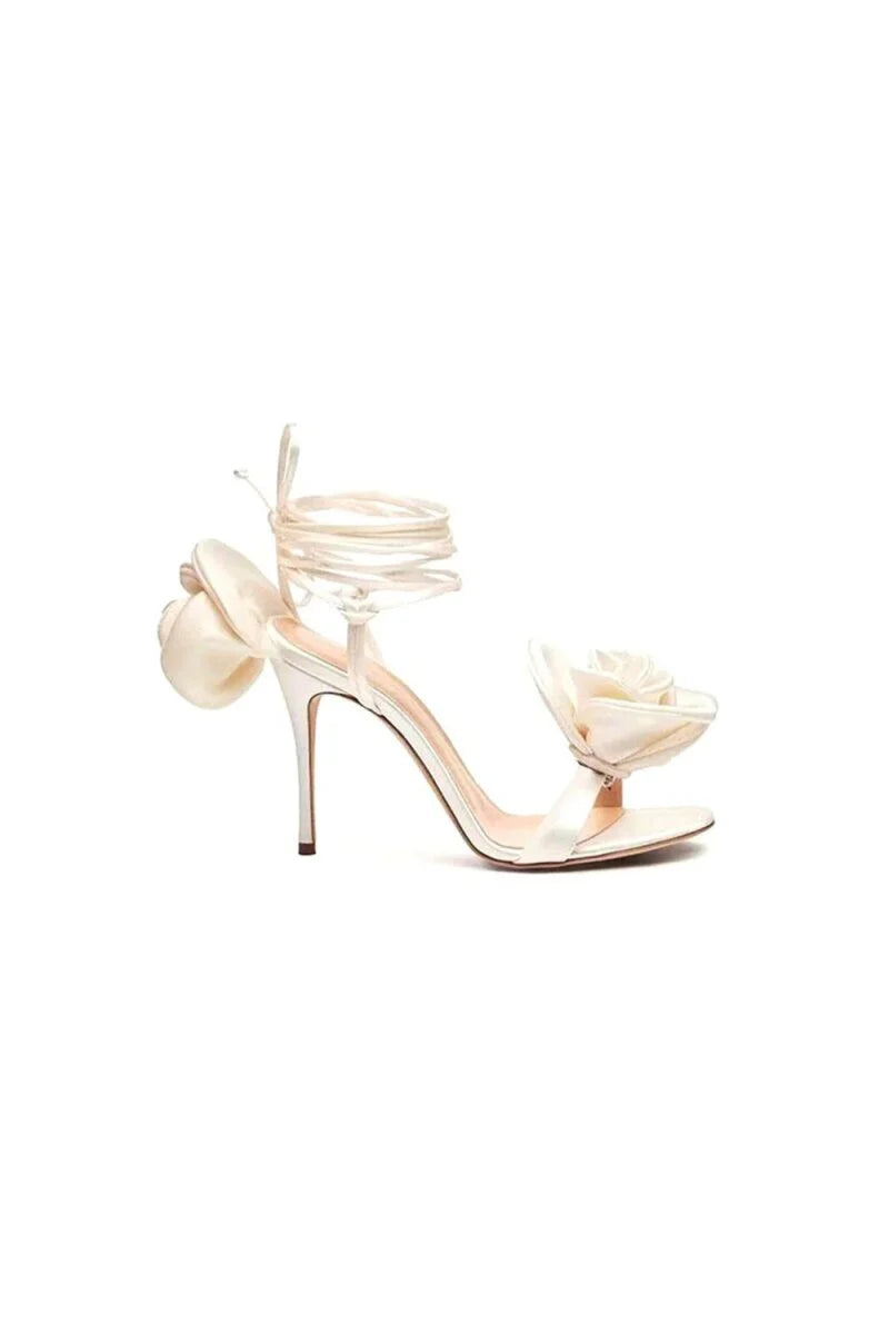 Red Flower Lace Up High Heel Sandals