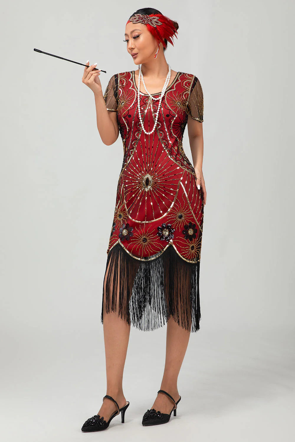 Beaded Black Golden Fringed Bodycon 1920s Dress