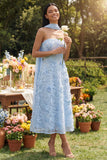 Strapless Blue Appliqued A Line Midi Wedding Guest Dress