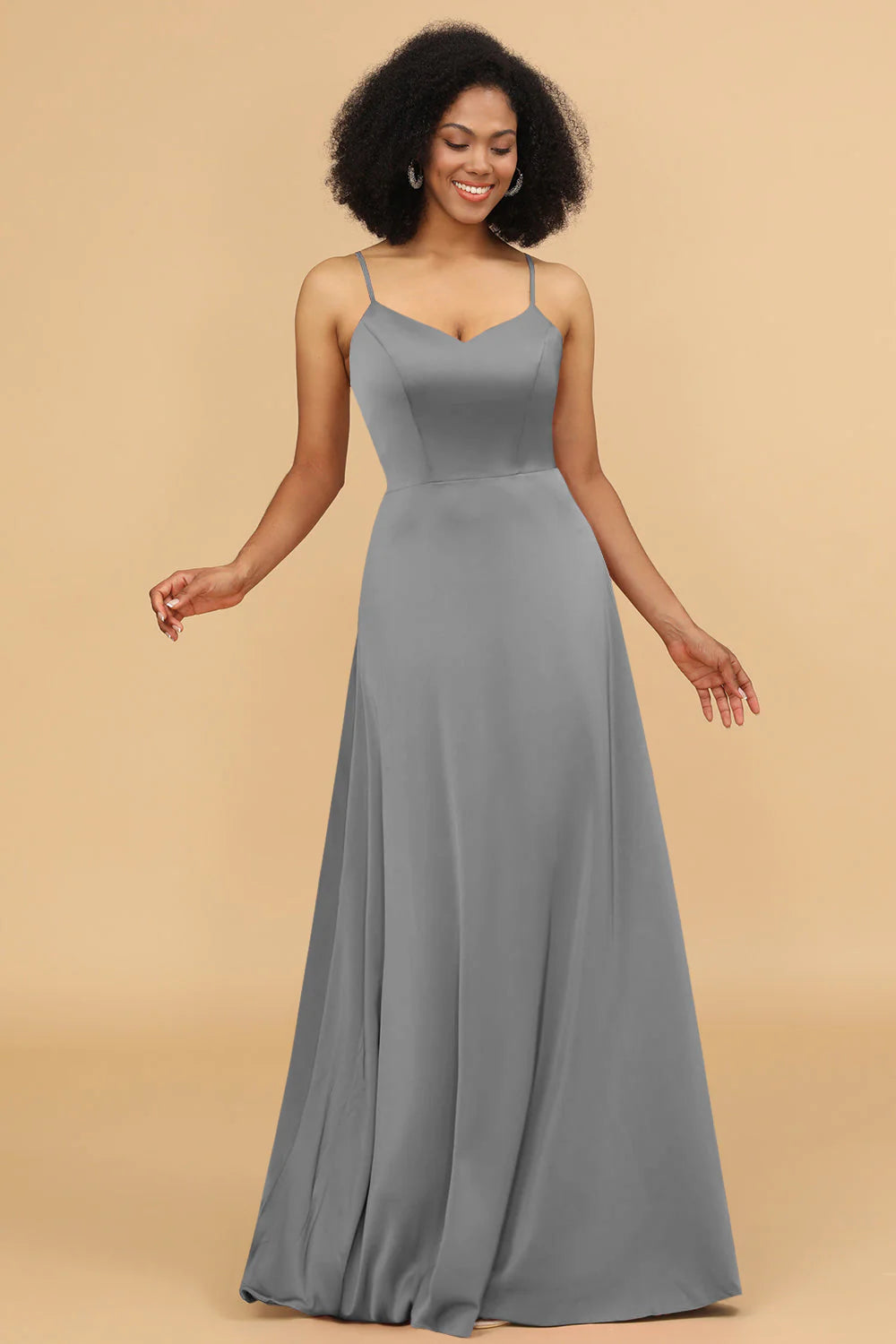 A Line Spaghetti Straps Floor Length Satin Bridesmaid Dress