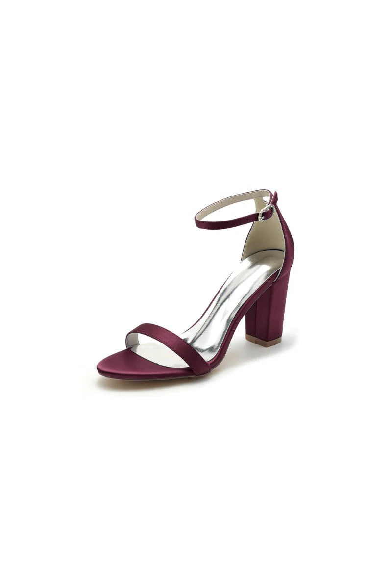 Satin Open Toe Ankle Strap Chunky Heels