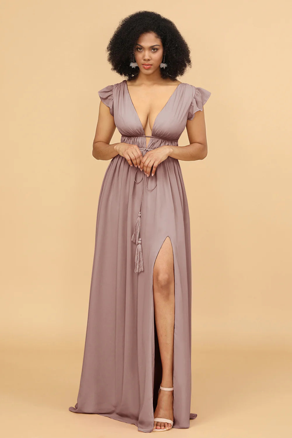 A Line Deep V Neck Long Chiffon Bridesmaid Dress with Slit