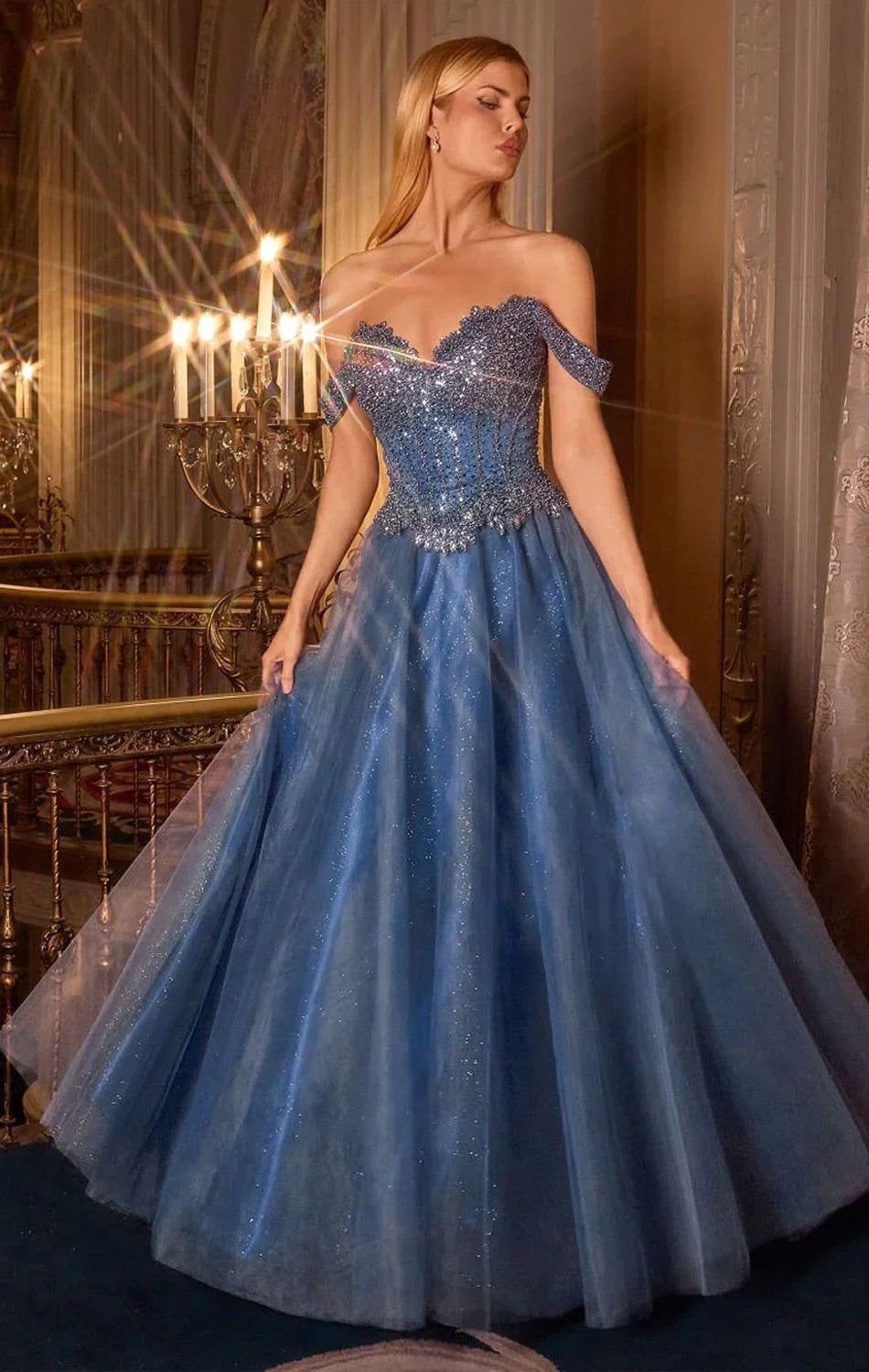 NOELLE GOWN A LINE GLITTER TULLE DRESS