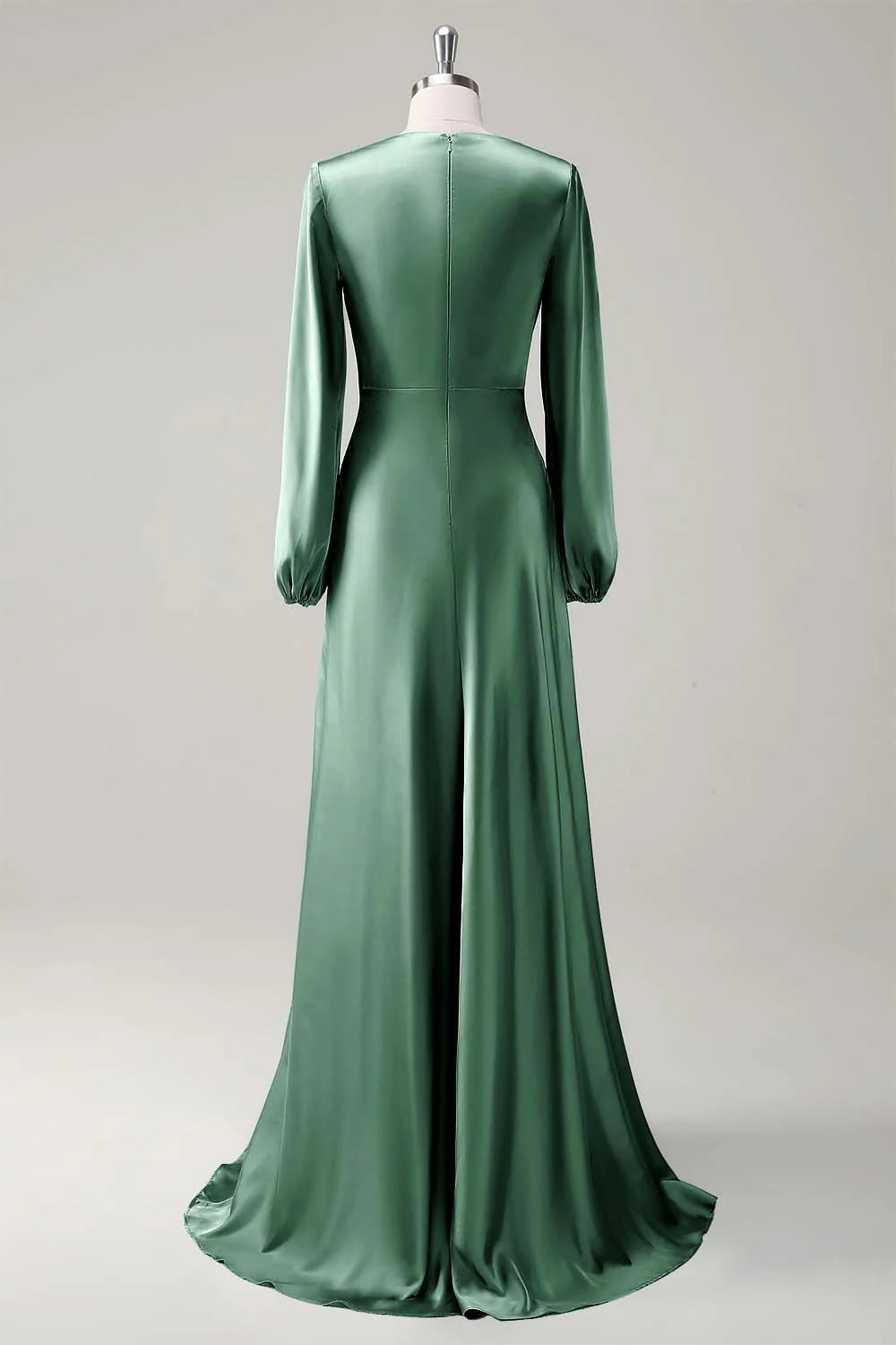 Agave A Line Round Neck Satin Long Bridesmaid Dress with Long Sleeves