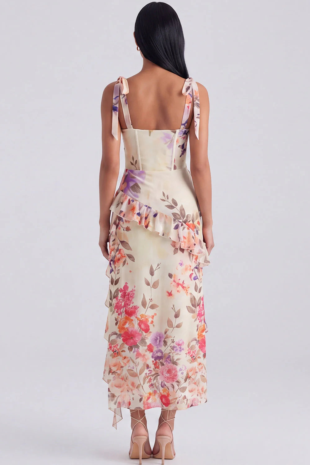 Black Ruffled Floral Corset Midi Wedding Guest Dress