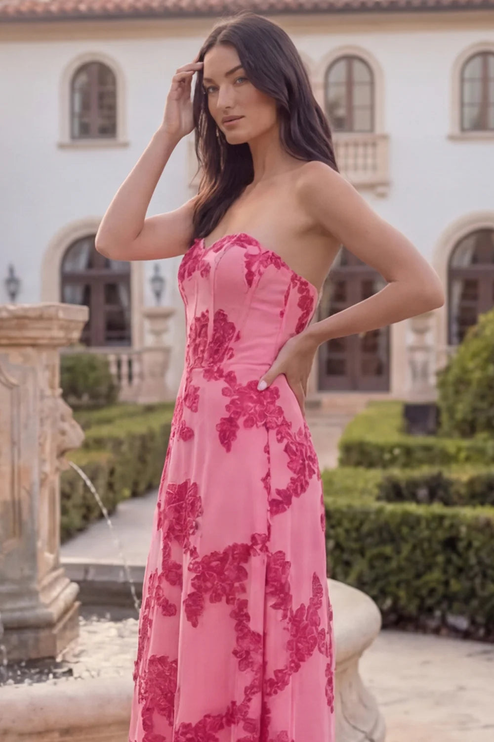 Hot Pink Floral A Line Strapless Corset Midi Wedding Guest Dress