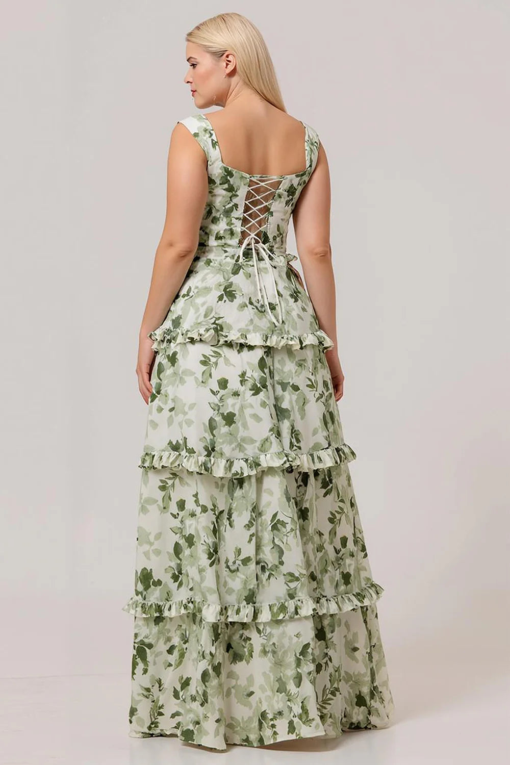 Green Flower A Line Corset Ruffle Long Plus Size Bridesmaid Dress with Lace Up Back