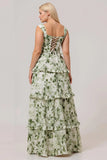 Green Flower A Line Corset Ruffle Long Plus Size Bridesmaid Dress with Lace Up Back
