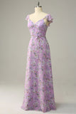 Purple White Flower A Line V Neck Chiffon Bridesmaid Dress