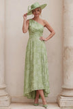One Shoulder A Line Sage Green Floral Mother of the Bride Dress with Back Bow