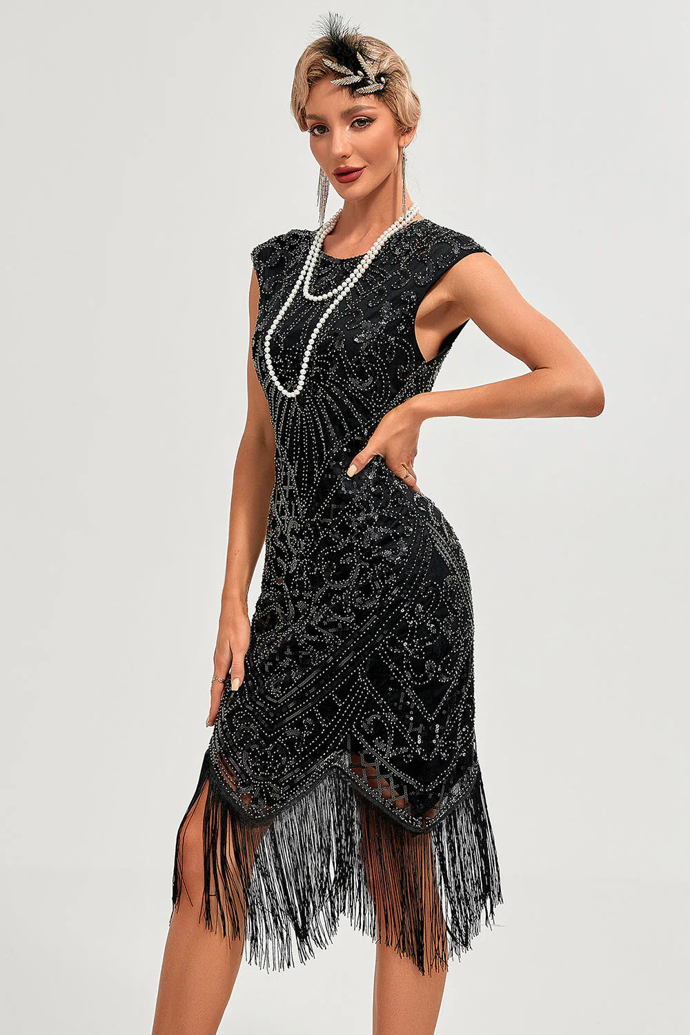Sparkly Black Beaded Fringed Gatsby Dress