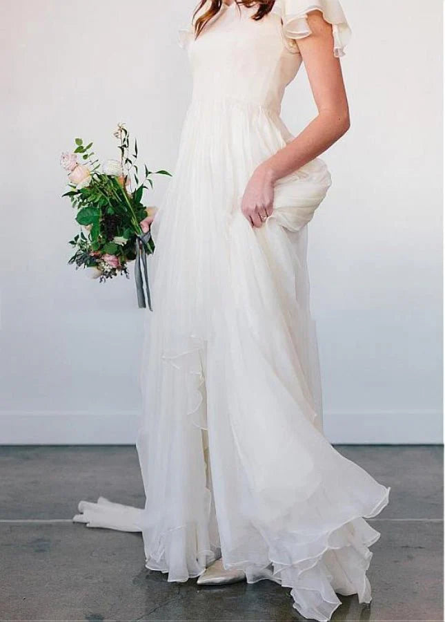 Beach Chiffon A Line Simple White Wedding Dress with Short Sleeves