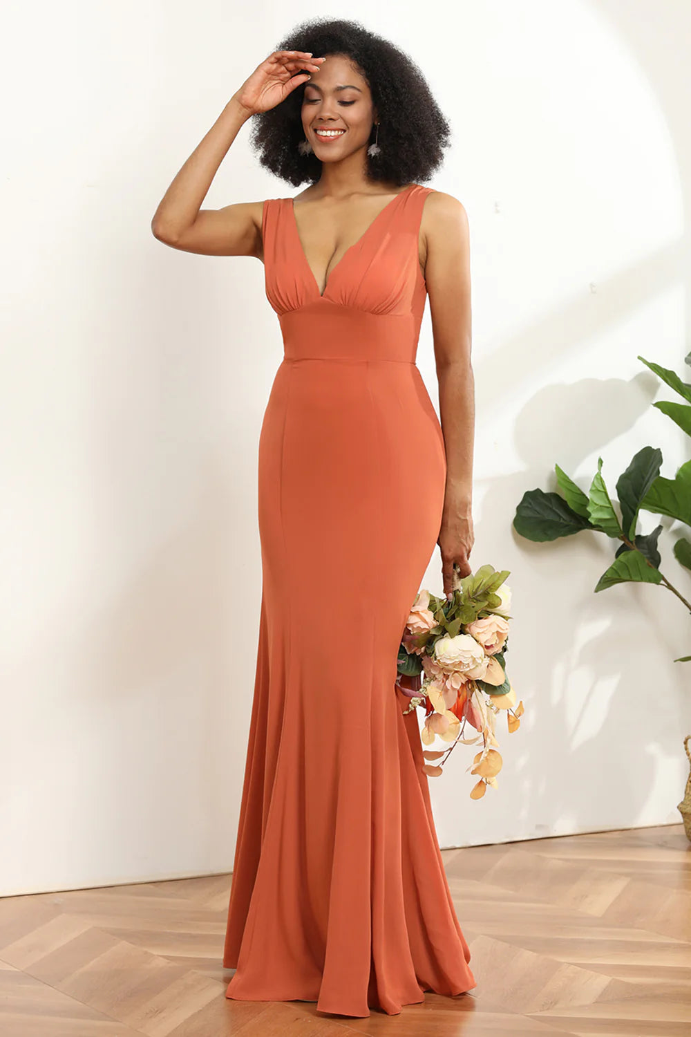 Sunset Mermaid V neck Bridesmaid Dress With Ruffles
