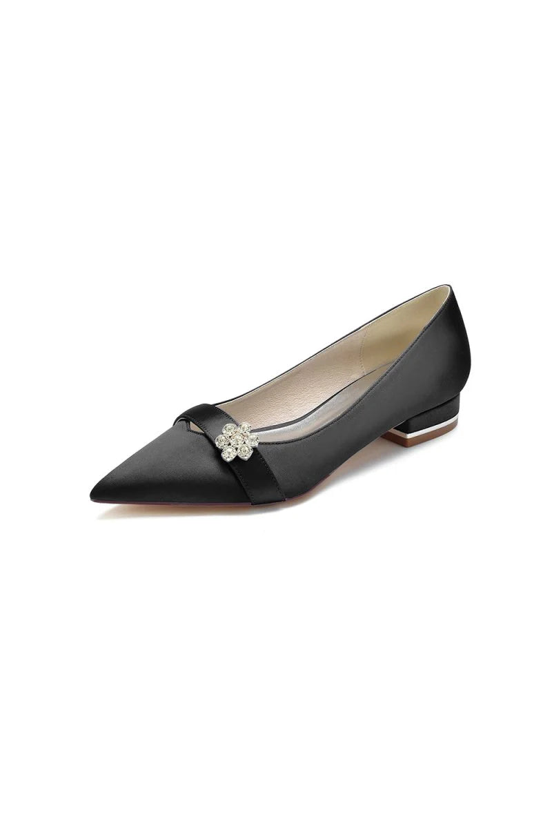 Satin Pointed Toe Floral Beading Kitten Heels