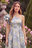One Shoulder Floral Jacquard Light Blue A Line Midi Wedding Guest Dress