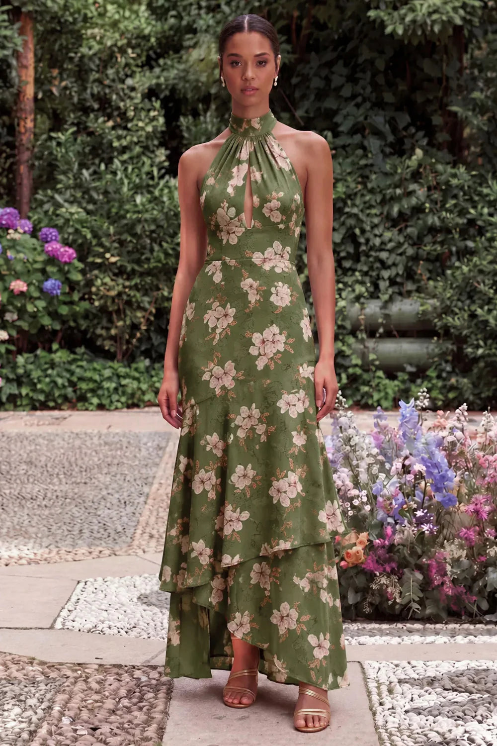 Sage Halter Keyhole Asymmetrical Floral Wedding Guest Dress