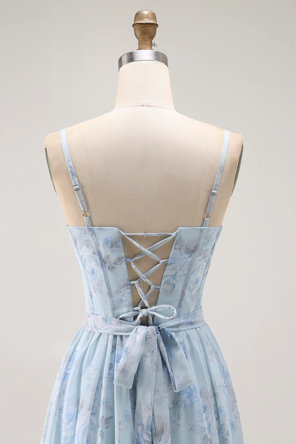 Blue Flower A Line Corset Ruffled Chiffon Long Bridesmaid Dress with Slit