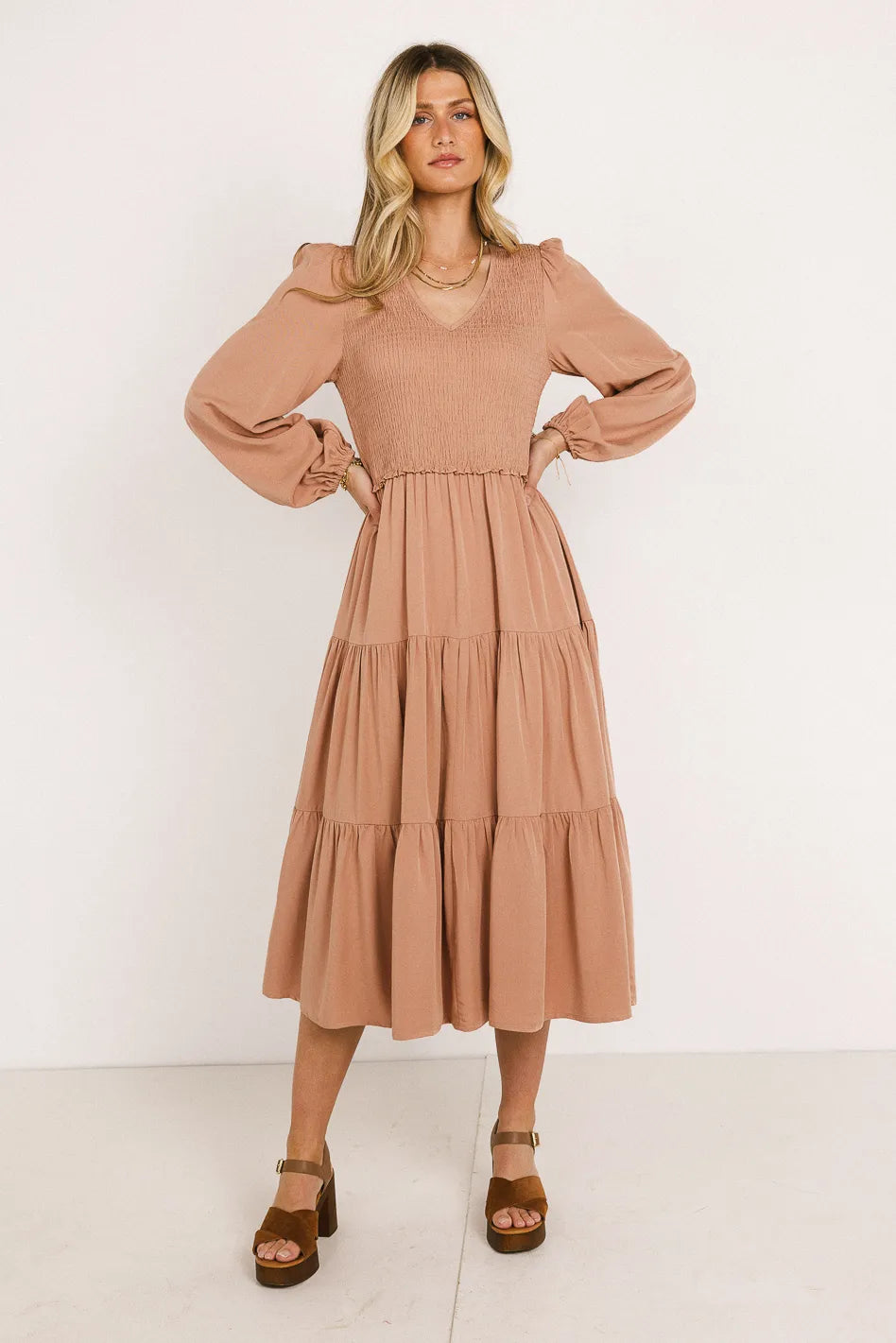 Smocked Tiered Midi Dress in Pink FINAL SALE