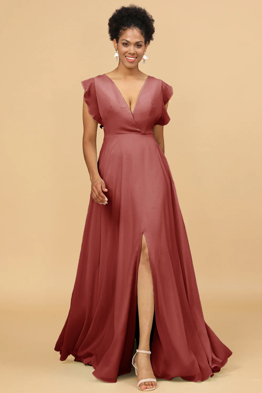A Line V Neck Floor Length Chiffon Bridesmaid Dress with Slit