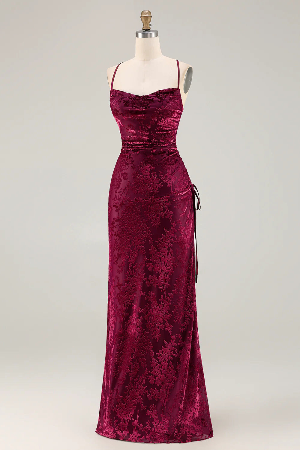 Dark Green Sheath Burnout Velvet Spaghetti Straps Maxi Dress with Lace Up Back