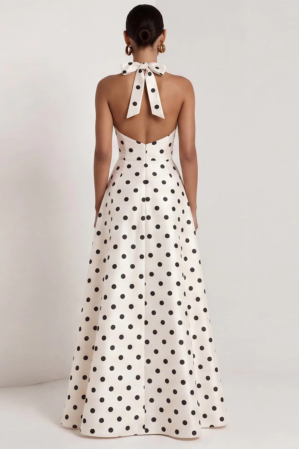 Halter White Black Polka Dot A Line Formal Dress with Slit