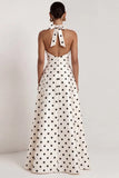 Halter White Black Polka Dot A Line Formal Dress with Slit