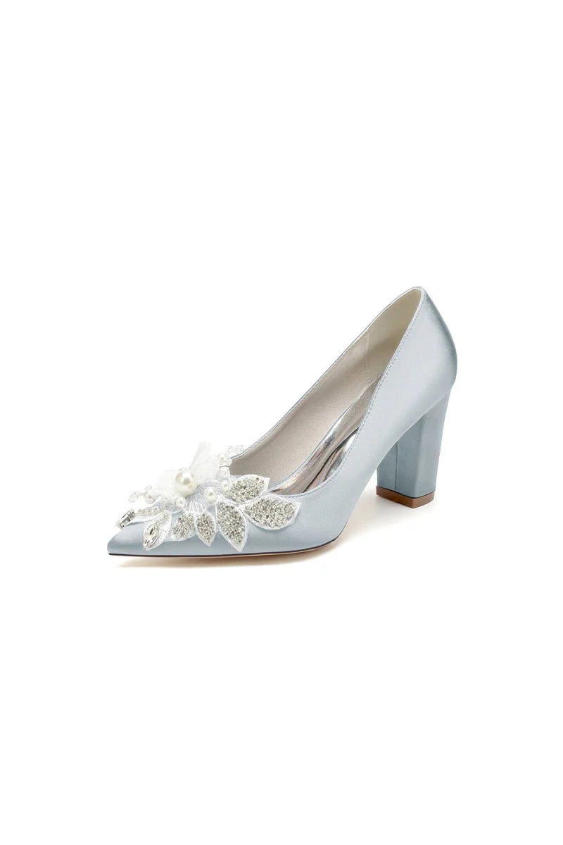 Floral Beaded Pointed Toe Chunky Heel