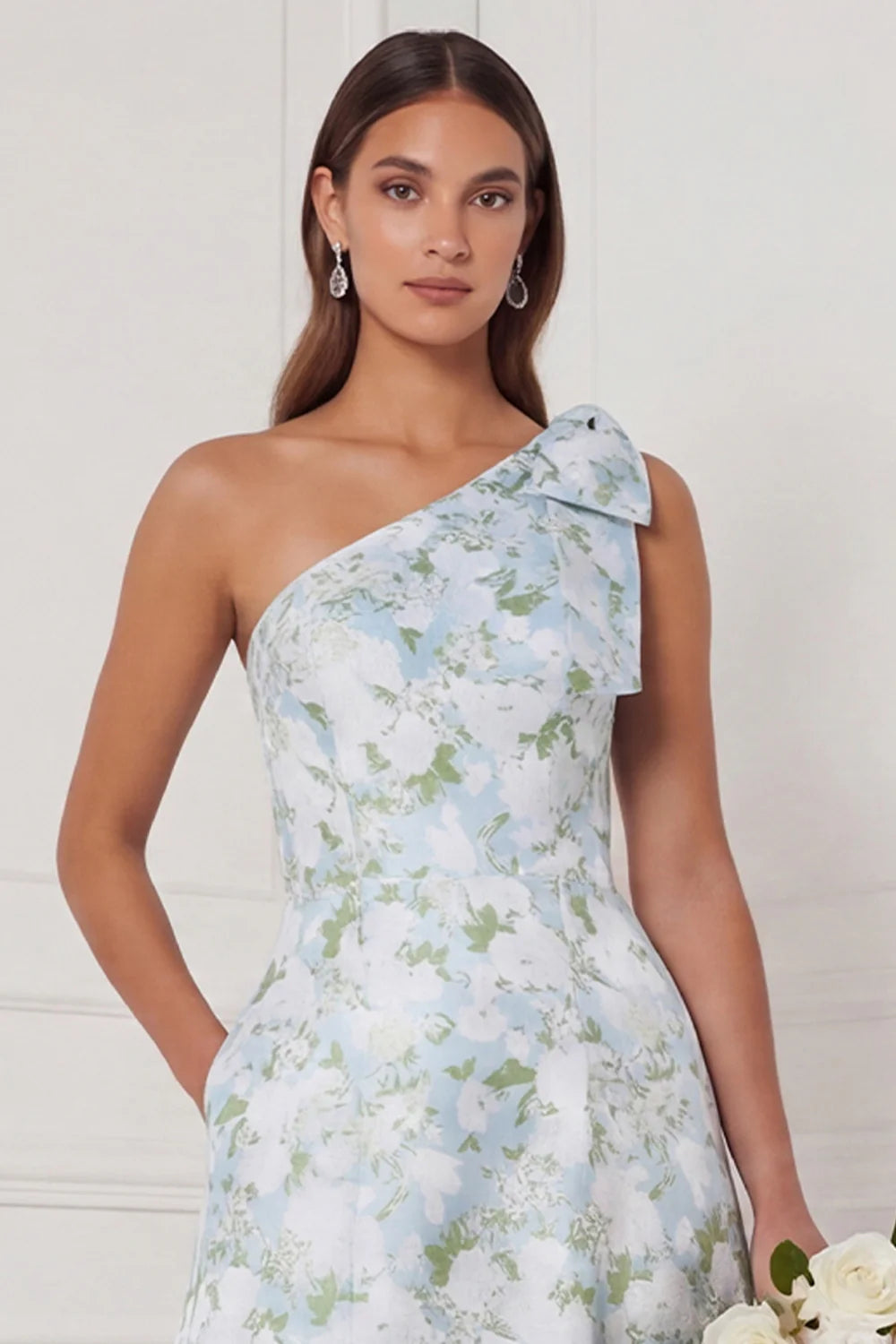 One Shoulder A Line Blue White Flower Bridesmaid Dress with Slit