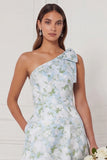 One Shoulder A Line Blue White Flower Bridesmaid Dress with Slit