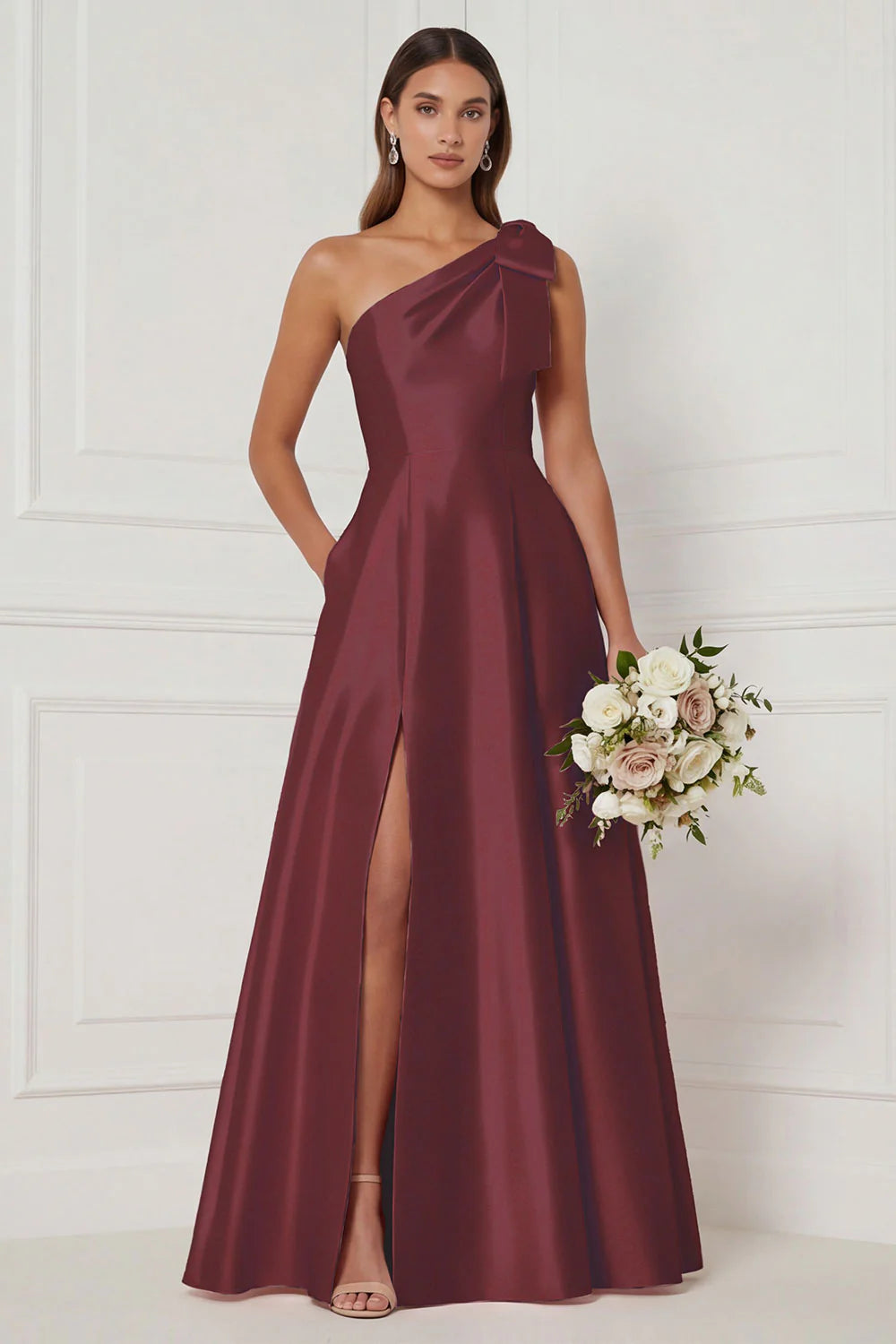 One Shoulder A Line Satin Pink Bridesmaid Dress with Slit