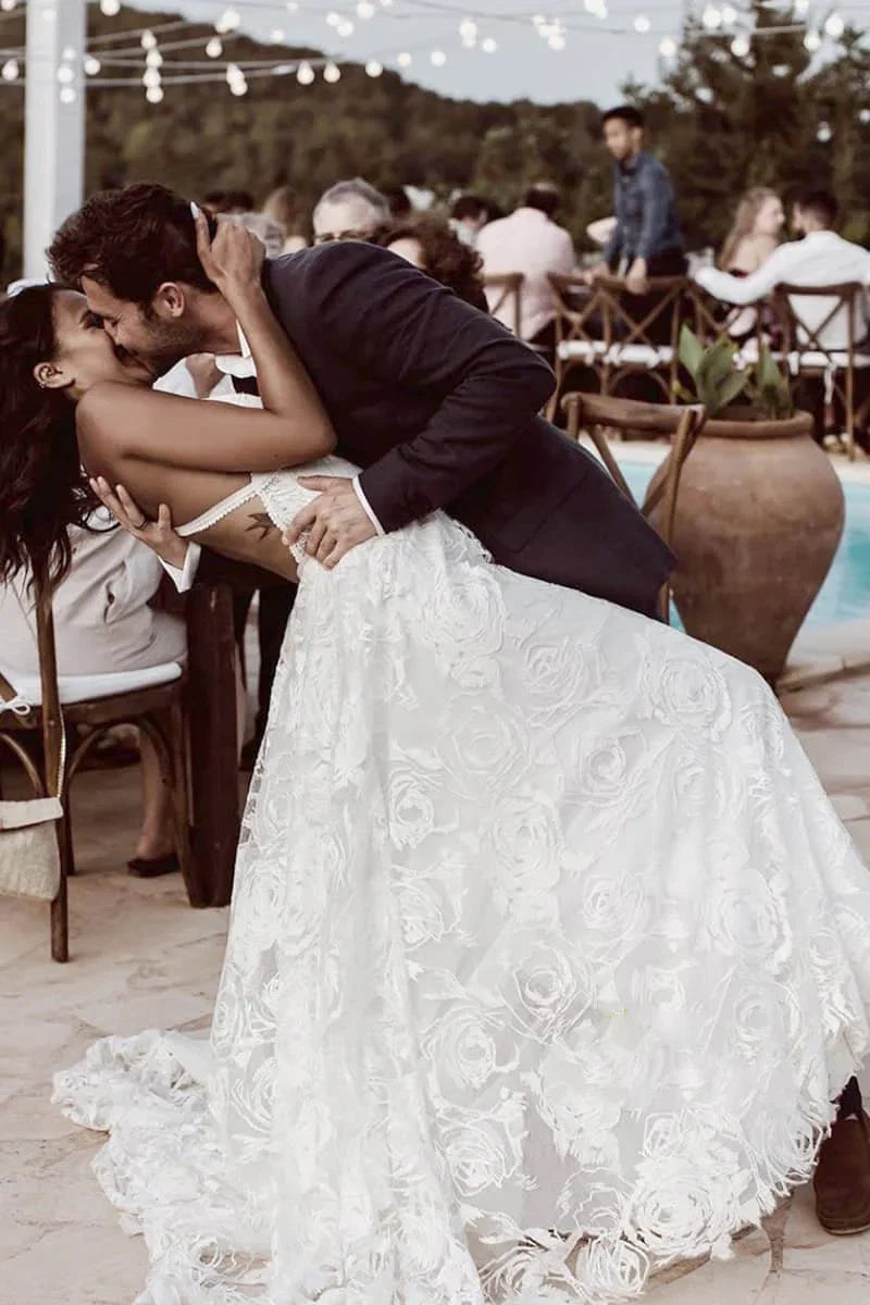 Luxury Lace Chic Halter A Line Bohemian Wedding Dress with Slit Bridal Gowns