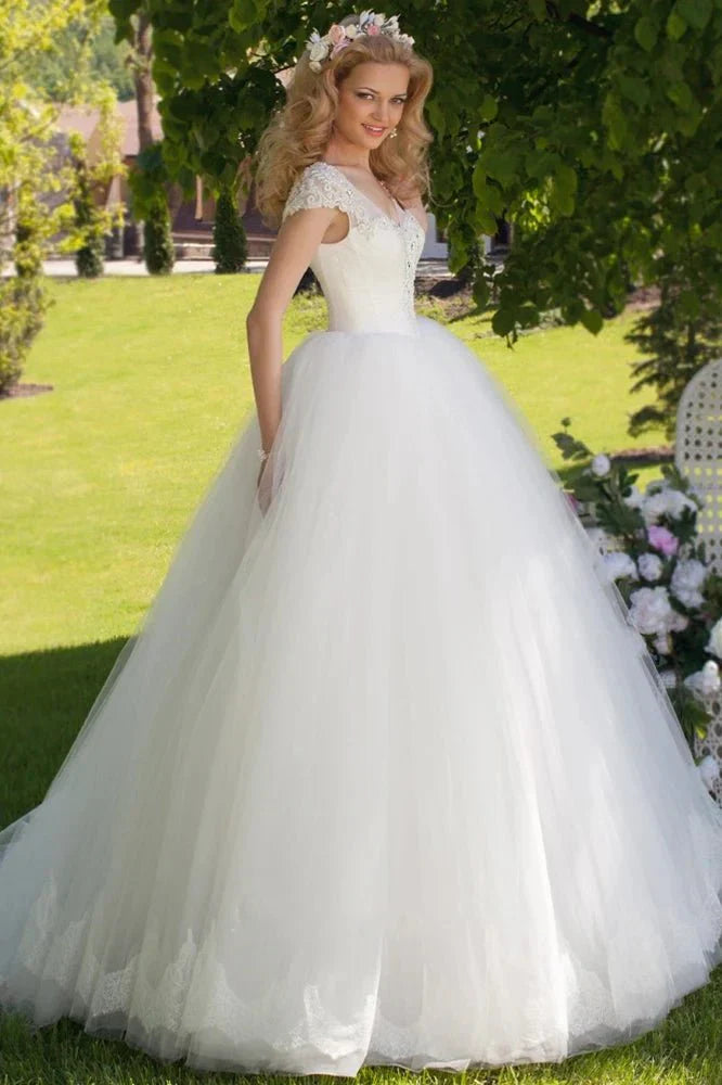 Ball Gown V Neck Ruched Cap Sleeve Tulle Wedding Dress