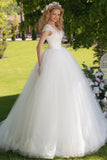 Ball Gown V Neck Ruched Cap Sleeve Tulle Wedding Dress