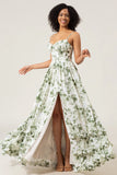 A Line Spaghetti Straps Printed Long Green Bridesmaid Dress With Slit