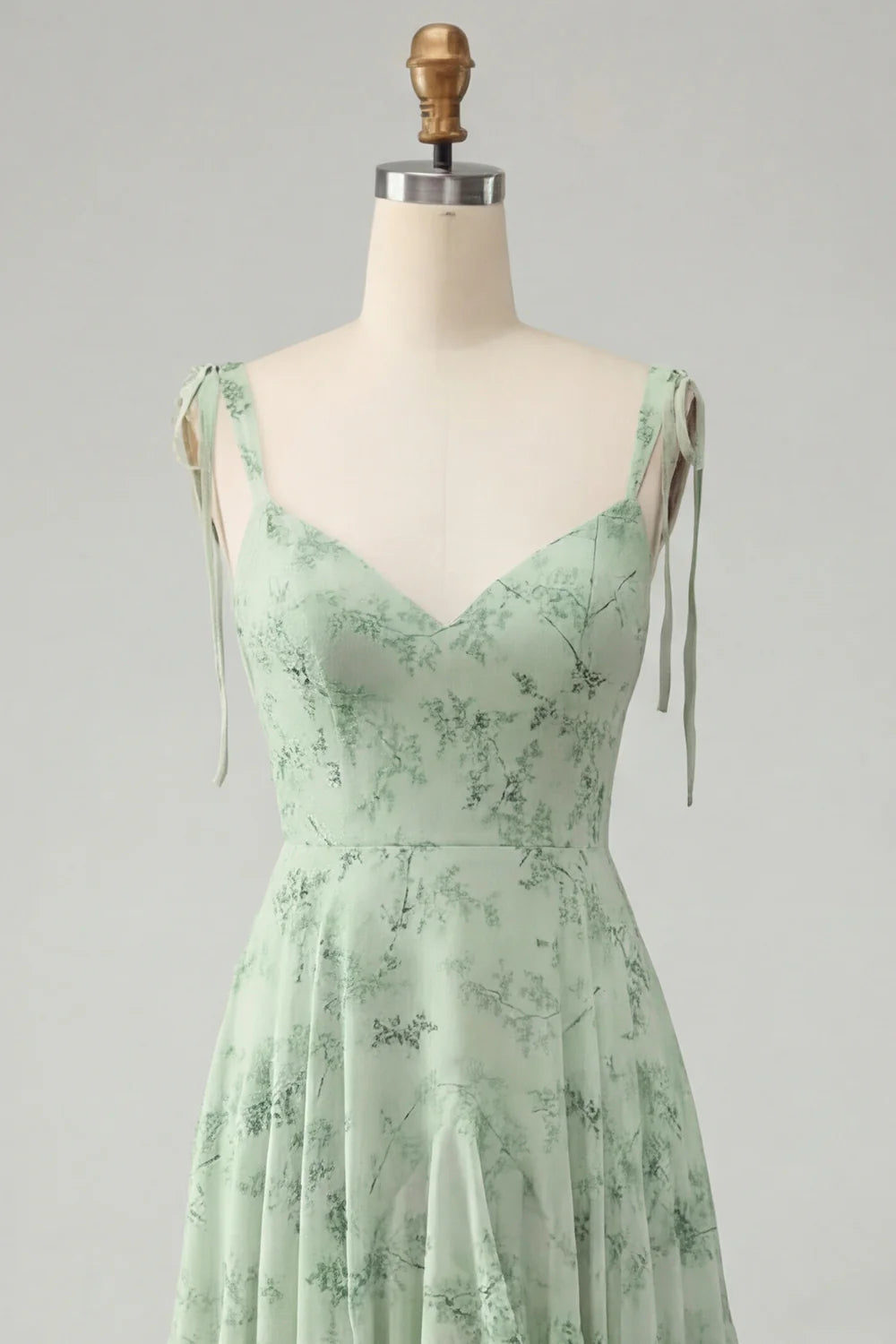A Line Spaghetti Straps Long Blue Floral Bridesmaid Dress with Ruffles