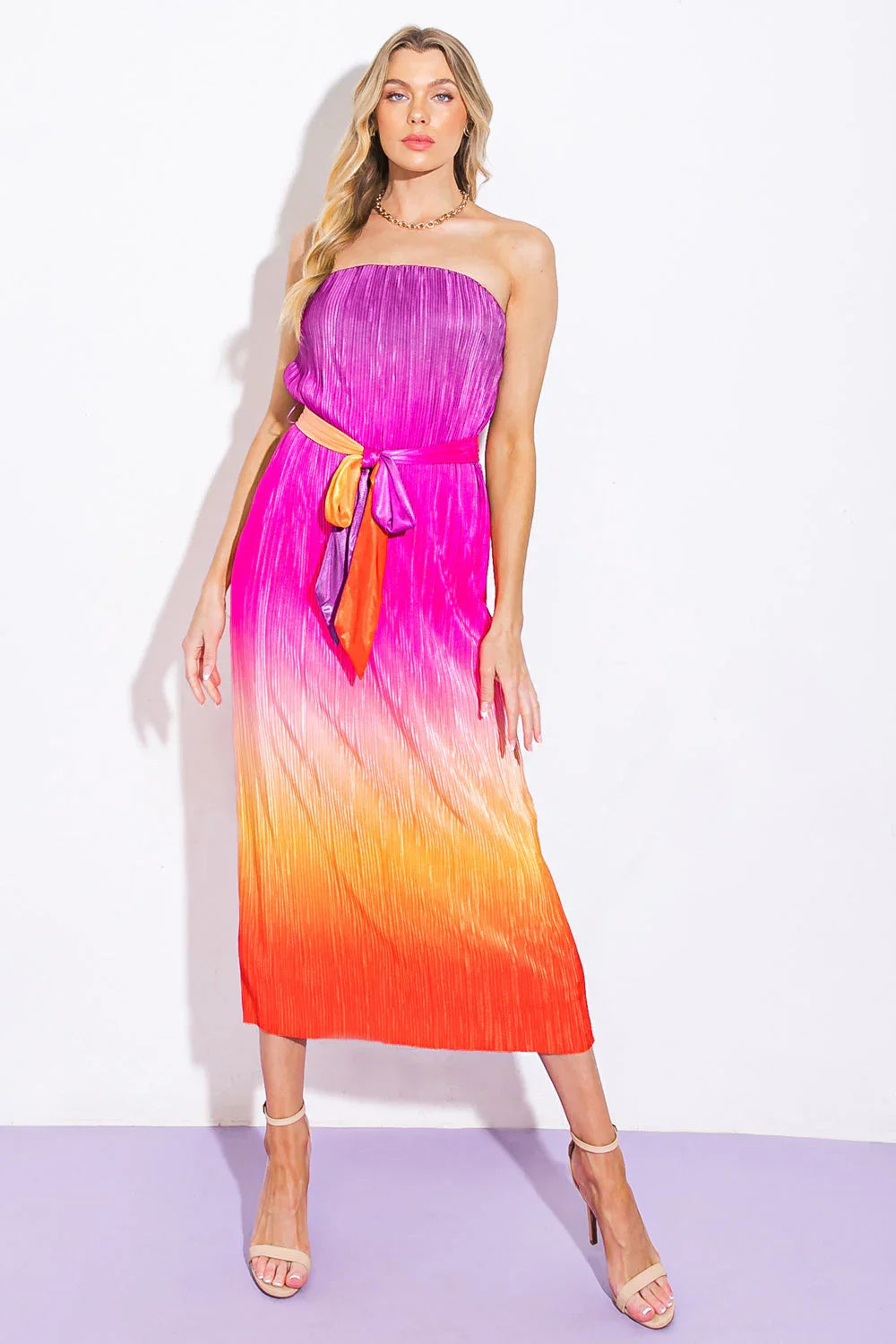 GIVE IT A GO STRAPLESS OMBRE MIDI DRESS