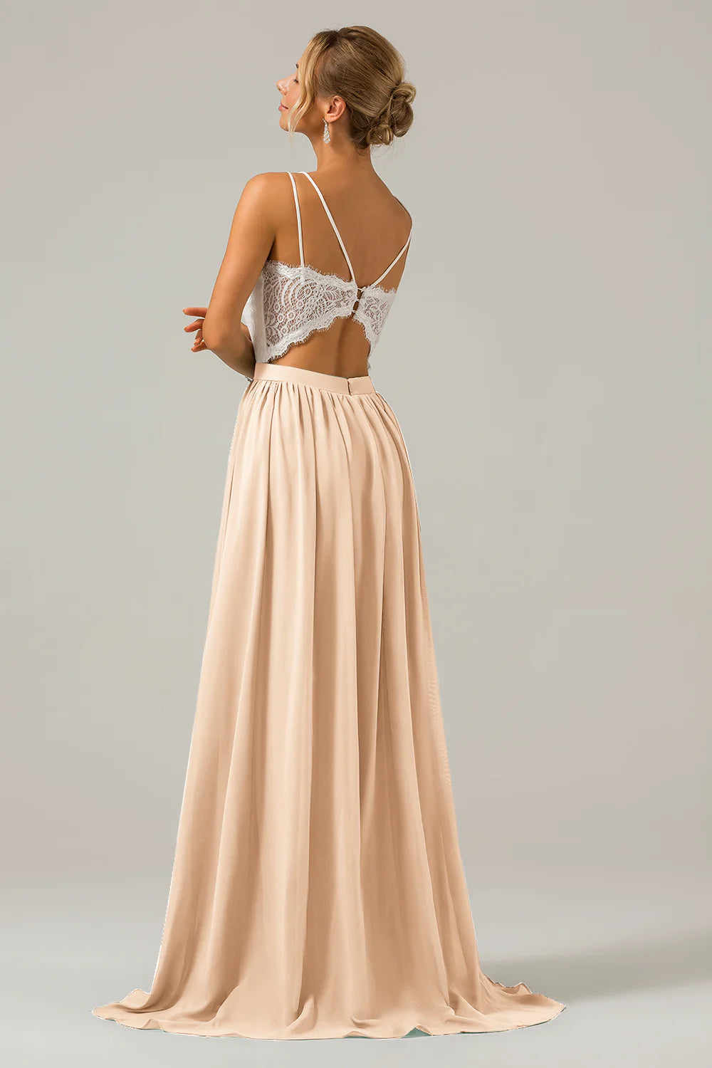 A Line Spaghetti Straps Pleated Long Bridesmaid Dress With Lace