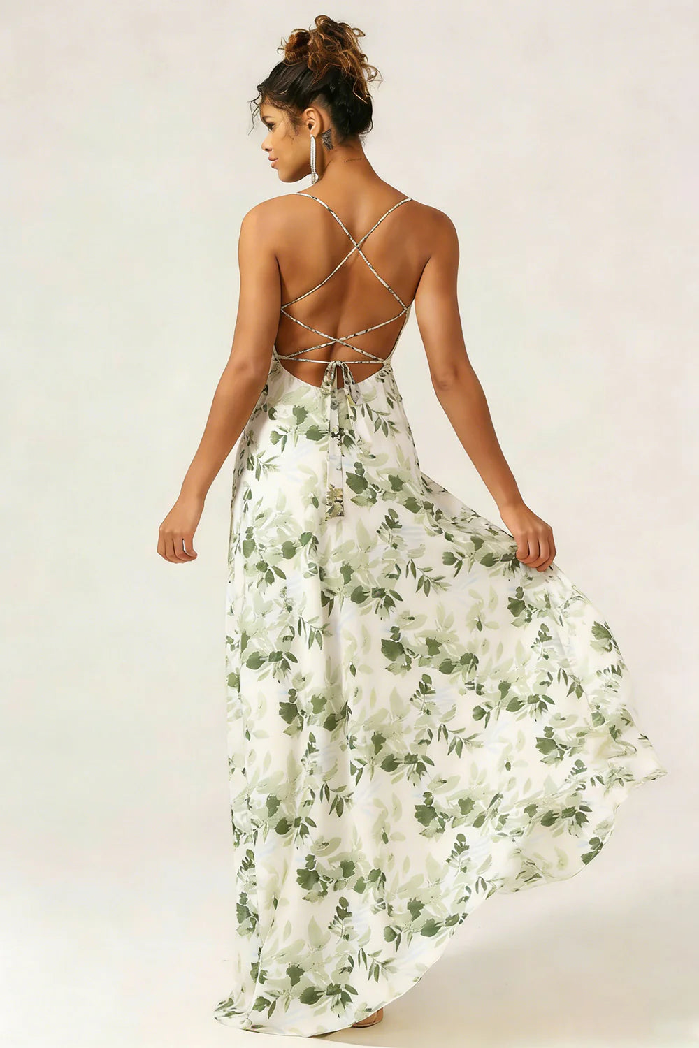 Blue Flower A Line Spaghetti Straps Chiffon Long Bridesmaid Dress with Slit