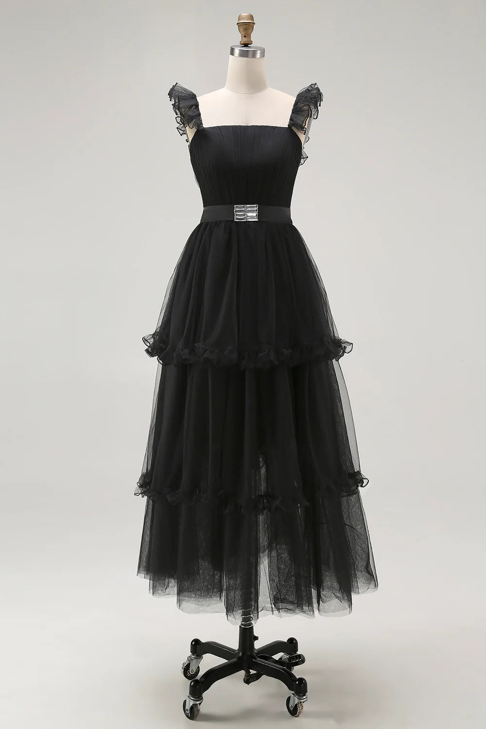 Black A Line Tulle Spaghetti Straps Ruffled Prom Dress