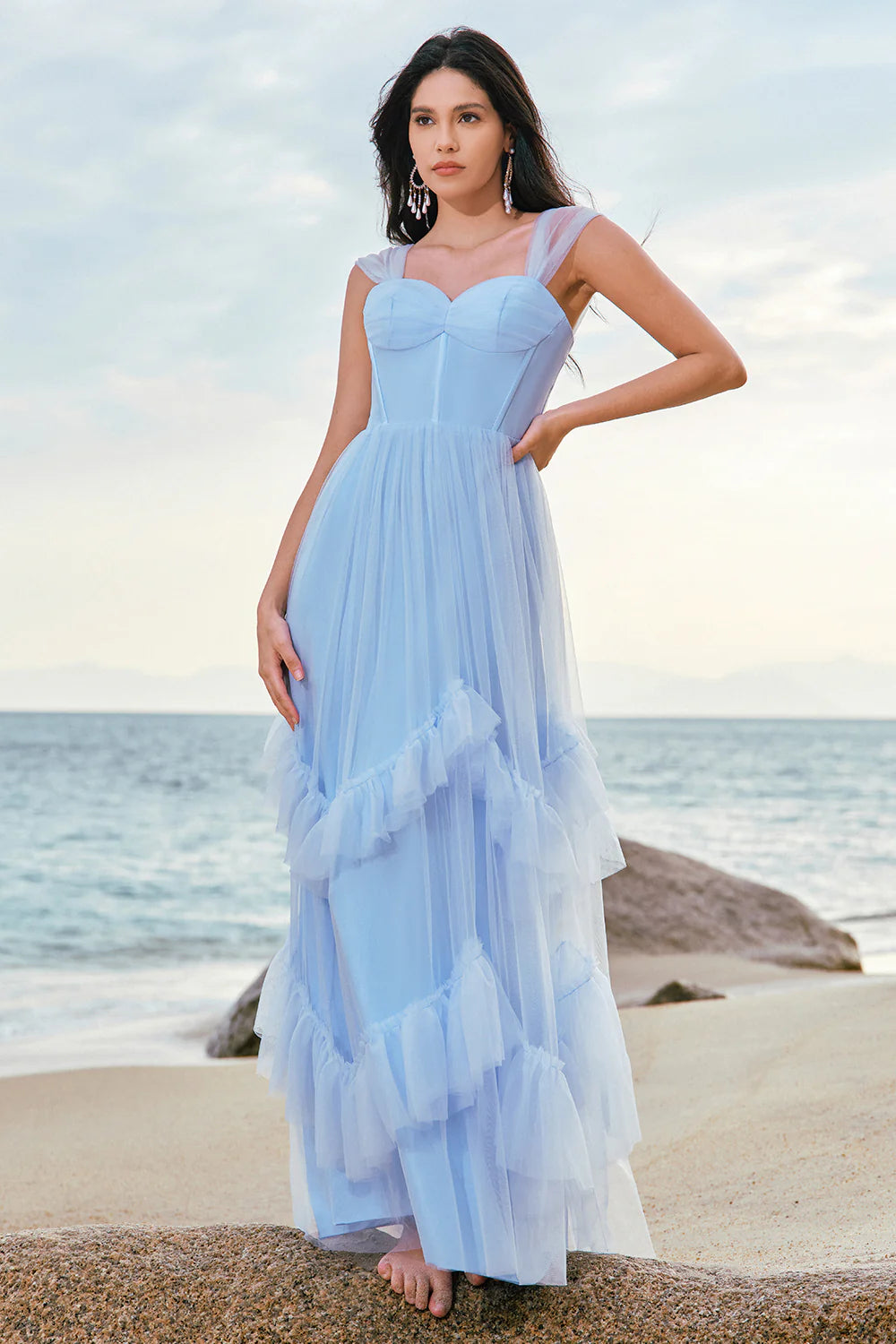 Grey Blue A Line Ruched Corset Long Bridesmaid Dress with Ruffles