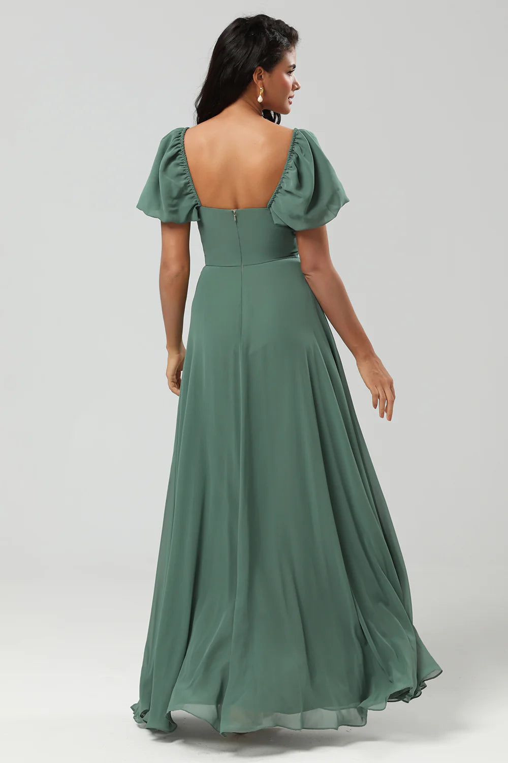 Eucalyptus A Line Square Neck Chiffon Puff Sleeves Bridesmaid Dress With Slit