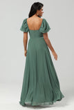 Eucalyptus A Line Square Neck Chiffon Puff Sleeves Bridesmaid Dress With Slit