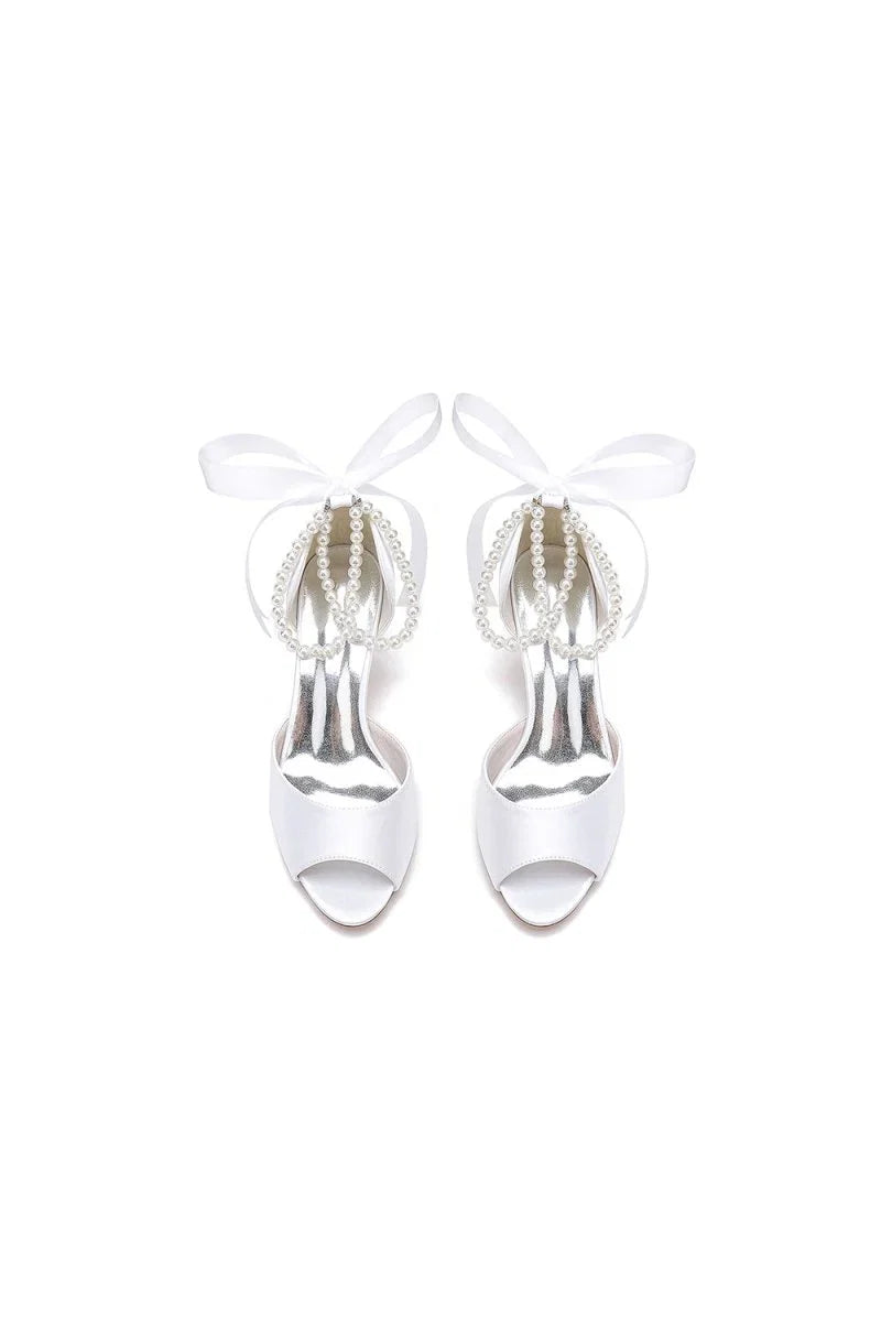 Chic White Satin Heels Featuring a Pearl Embellished Bow
