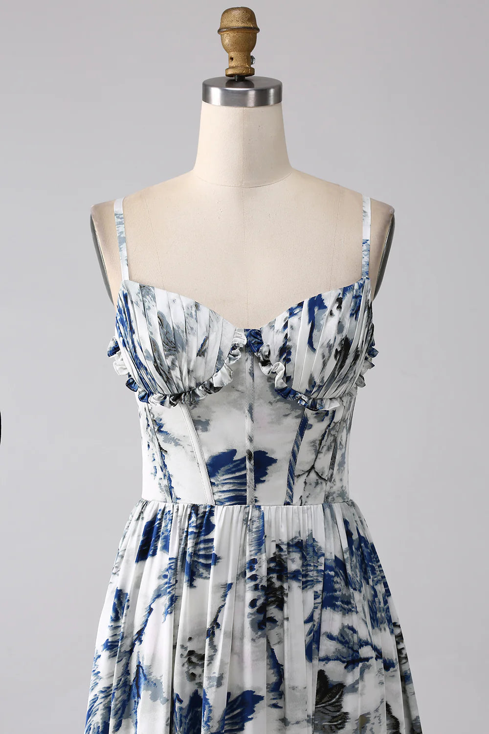 Blue A Line Spaghetti Straps Pleated Printed Long Bridesmaid Dress With Slit