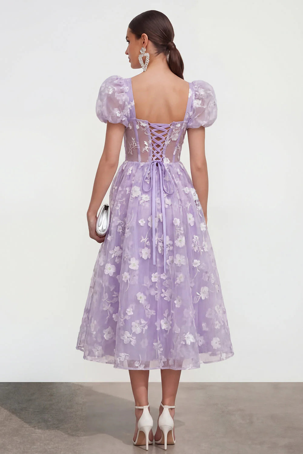 Floral Pink Puff Sleeve A Line Corset Wedding Guest Dress