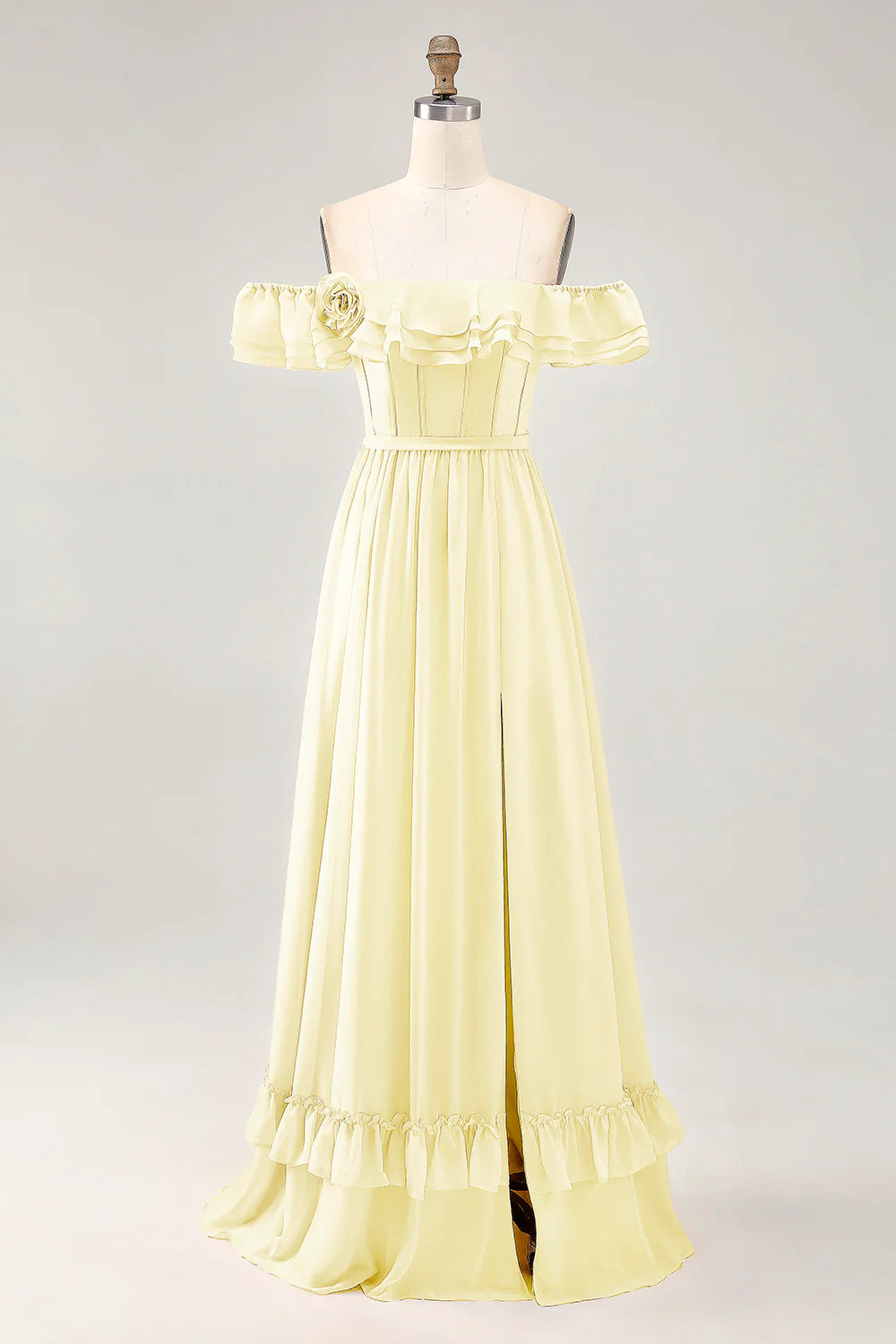 Dusty Sage A line Off The Shoulder Chiffon Long Bridesmaid Dress with Slit