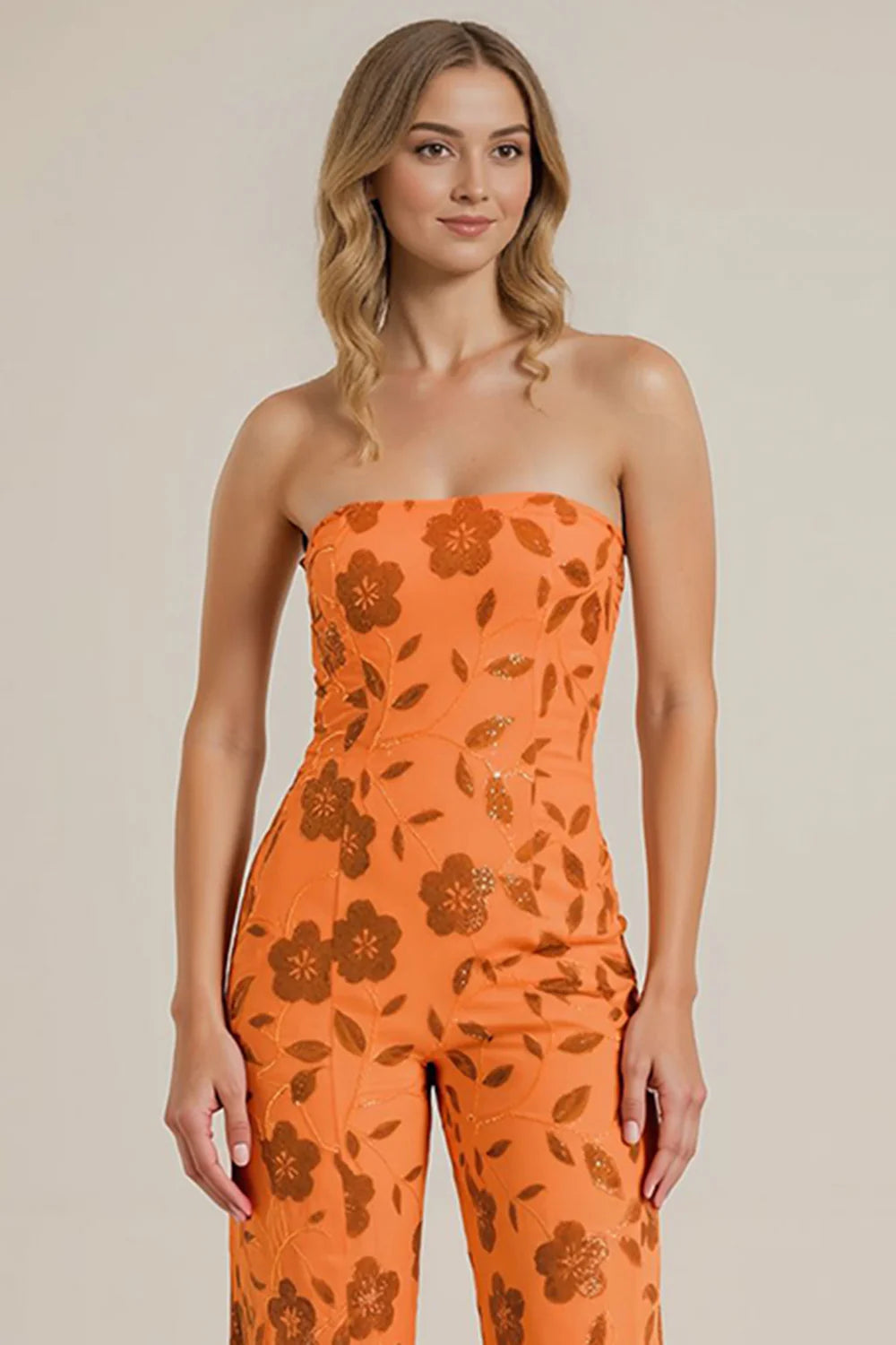 Strapless Orange Floral Sequin Wedding Guest Jumpsuit