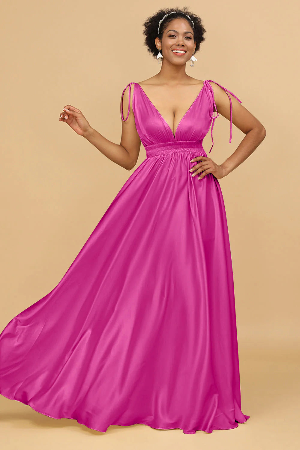 A Line Deep V Neck Backless Floor Length Bridesmaid Dress